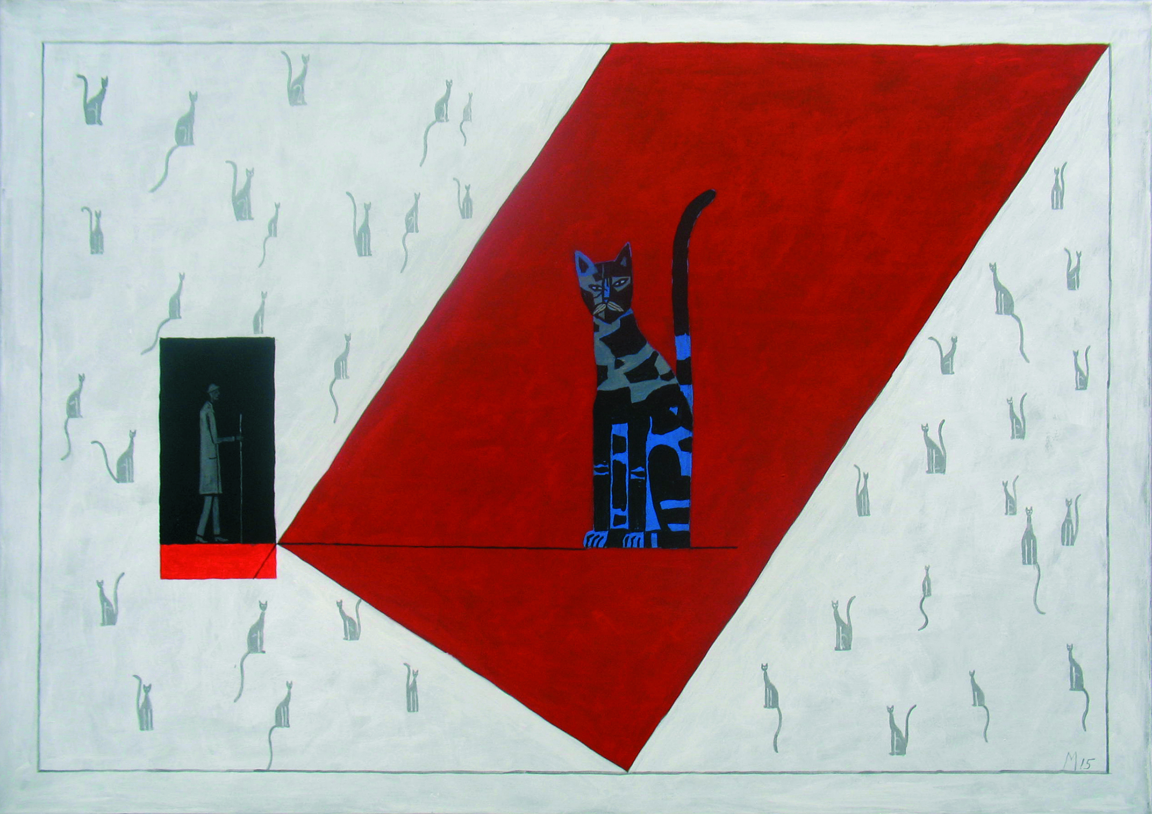 Obraz malarski ma tytuł "Świadek". Na obrazie w centrum jest kot. Kot jest w kolorach szary, niebieski, brązowy. Kot jest na czerwonym, ukośnym tle. Po lewej stronie jest prostokąt. Prostokąt jest szary i ma czerwony poziomy pas na dole. W prostokącie jest namalowany człowiek z laską. Człowiek idzie w kierunku kota. Kot jest kilkakrotnie większy niż człowiek. 