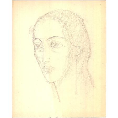 Na rysunku widać portret młodej kobiety. Rysunek jest wykonany miękkim ołówkiem na żółtej kartce. Kobieta ma smukłą twarz i duże oczy. Kobieta ma rozpuszczone, przylegające do twarzy oczy. 