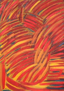 Wystawa Malarstwa, Galeria Test, Marcin Bogusławski, Cykl XIII 4, olej na płótnie, 96x68 cm, 2013 rok. Na zdjęciu widać pracę abstrakcyjną. Widać łukowate, ukośne, grube linie. Linie są w kolorach czerwonym, pomarańczowym i żółtym. Widać niewiele linii niebieskich. 