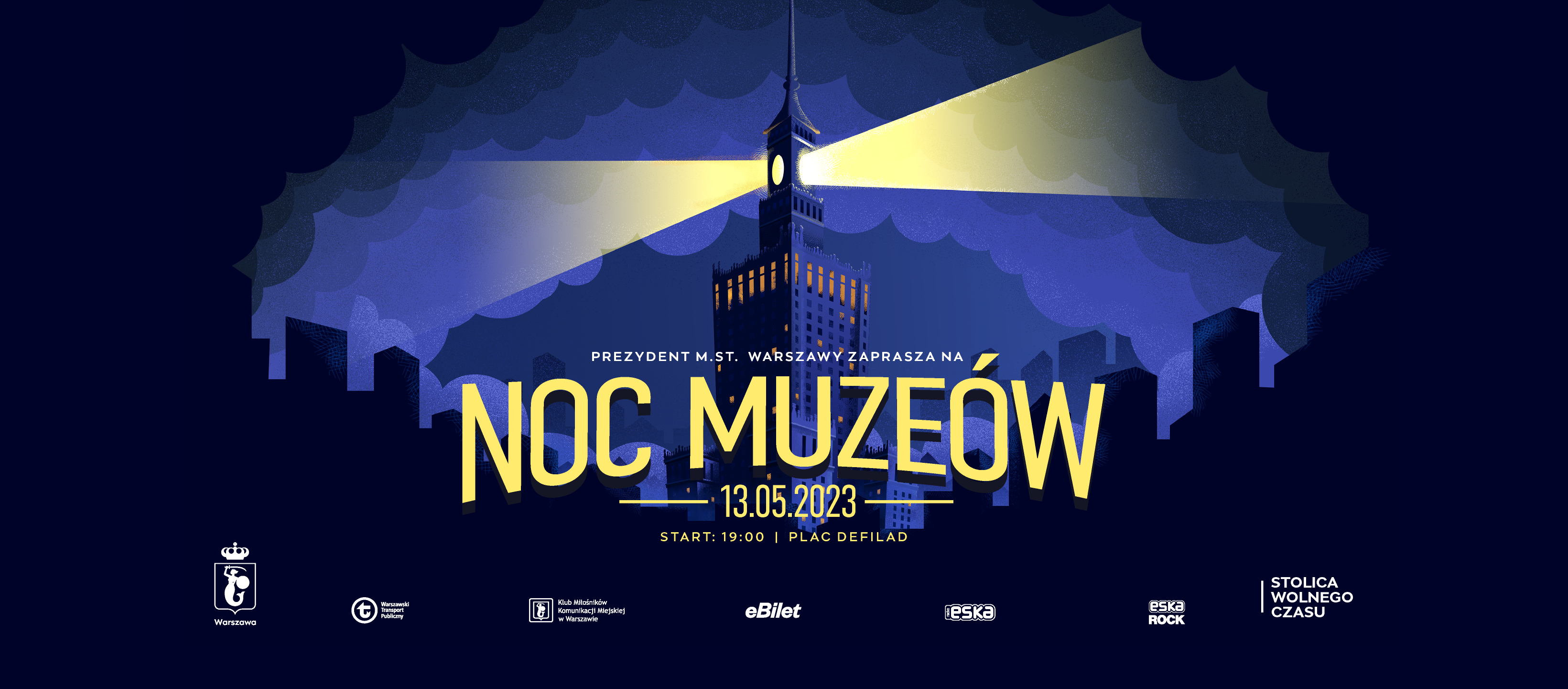 Grafika promocyjna. Na ciemnym tle ilustracja Pałacu Kultury nocą. Na tym wielki napis: "NOC MUZEÓW"