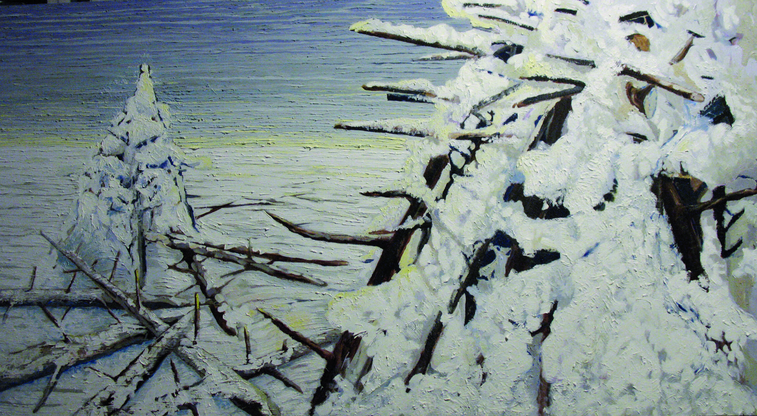 Reprodukja obrazu z cyklu Ostrefki. na obrazie drzewa przysypane śniegiem.