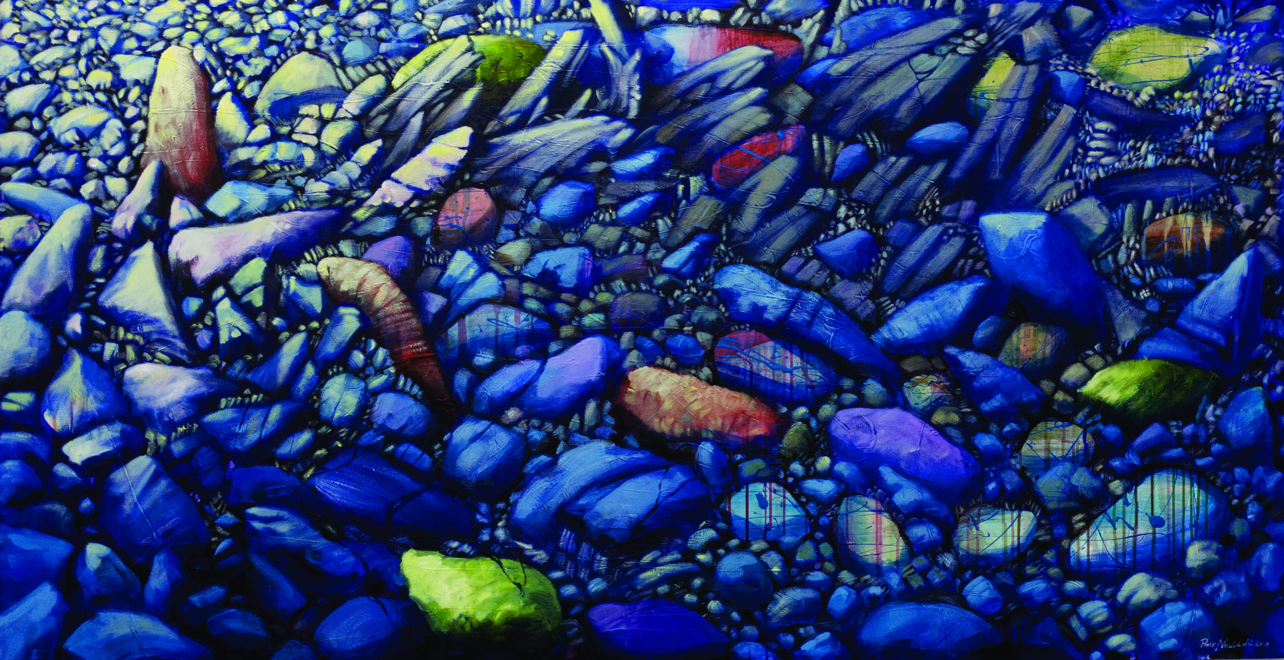 Reprodukcja obrazu Kamienia nad Dunajcem. Kamienie w dominacji koloru niebieskiego na całości obrazu.