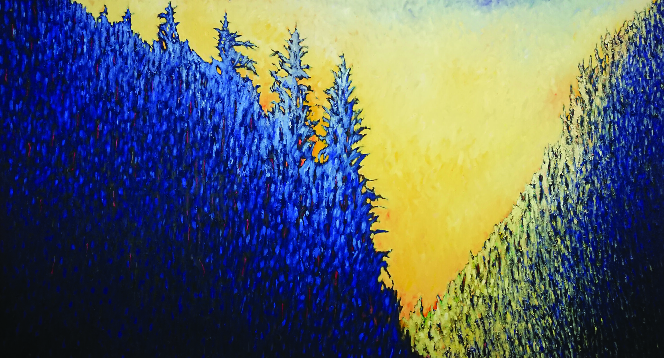 Reprodukcja obrazu Wschód słońca. Obraz prostokątny, w poziomie. Drzewa układające się w literę V. Niebo jest żółte, Po lewej stronie dzrzewa są niebieskie a po prawej żółto błękitne.