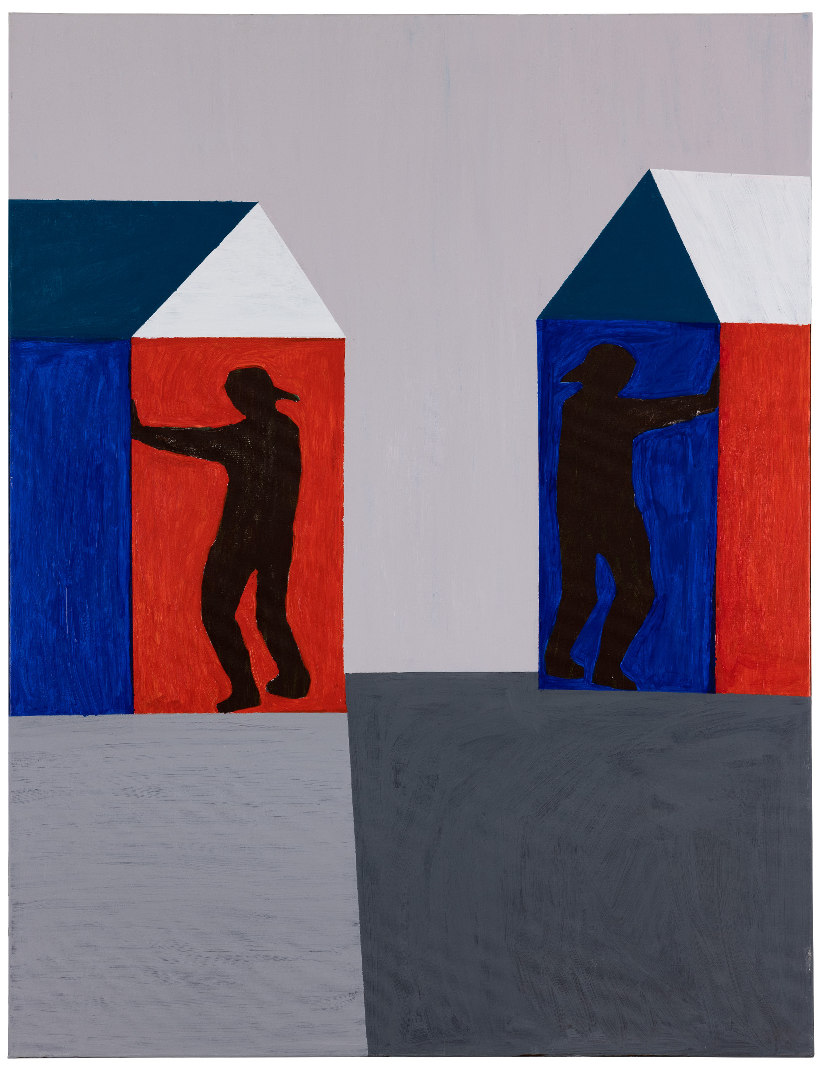 Obraz Prostokątny, pionowy. Po dwóch stronach obrazu symbolicznie malowane domki w których stoją czarne postacie, które przepychają domki. Jeden w lewą drugi w prawą.