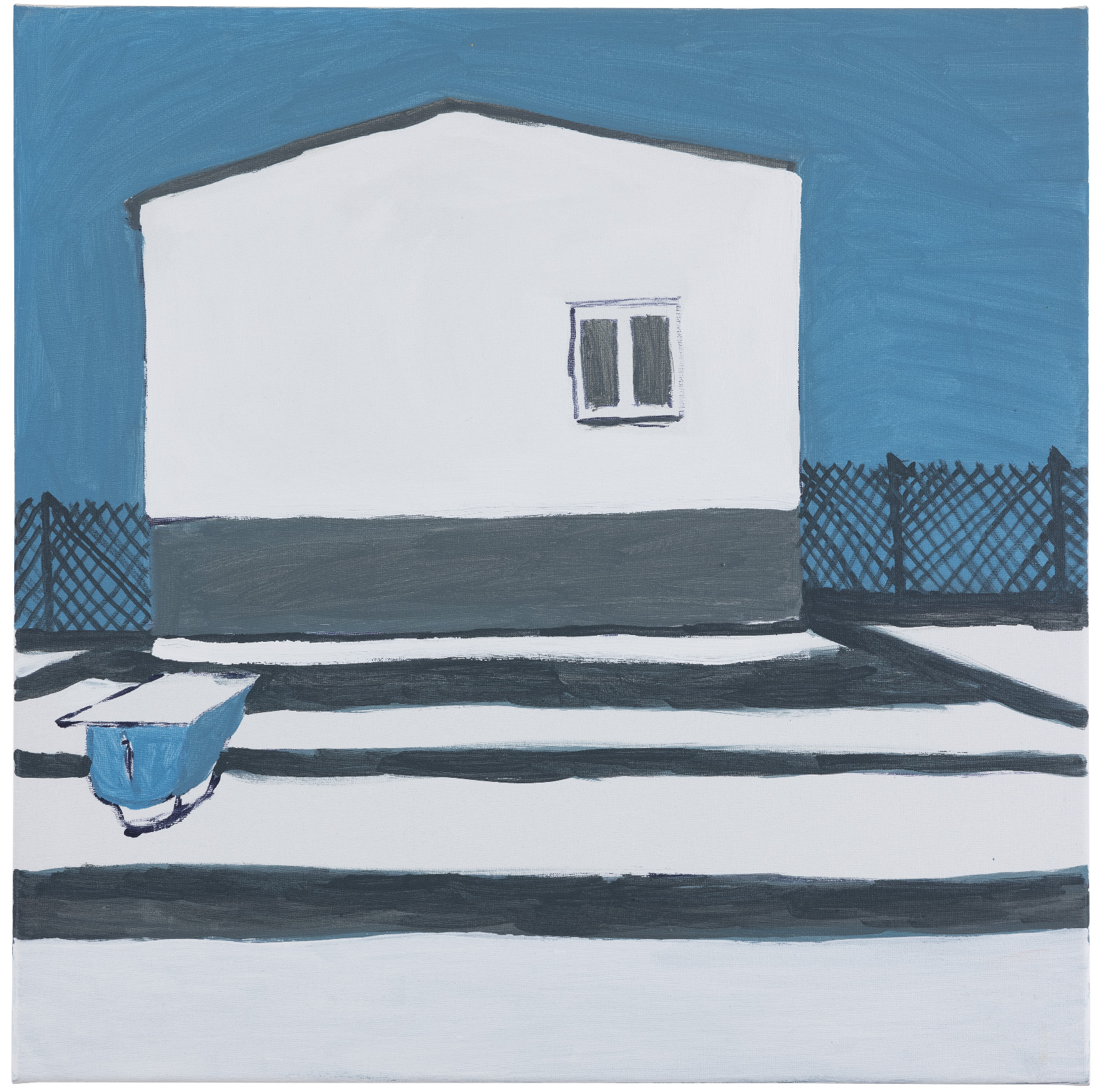 Obraz w formacie kwadratu na który namalowany jest domek z jednym oknem i siatka po bokach. Cały obraz jest w trzech kolorach niebieski biały i szaty. 