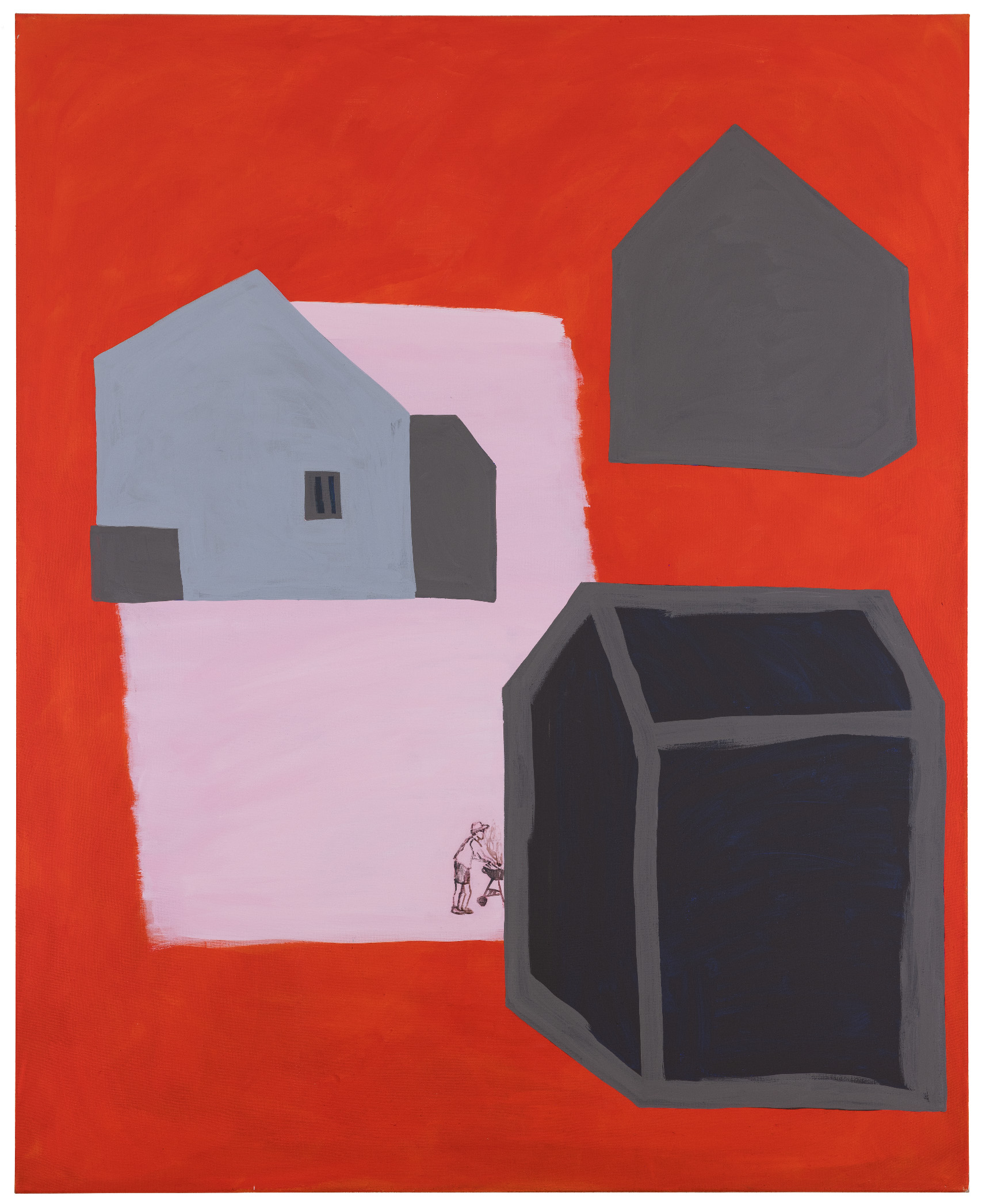 Obraz w pionowym prostokącie. na czerwonym tle symbolicznie namalowane 3 domki w kolorze szarym.