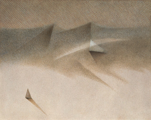 Obraz abstrakcyjny w kolorze naturalnego piasku. Prostokąt poziomy. Kompozycja sugeruje Piaski jak na pustyni. W lewym dolnym rogu mały trójkąt.