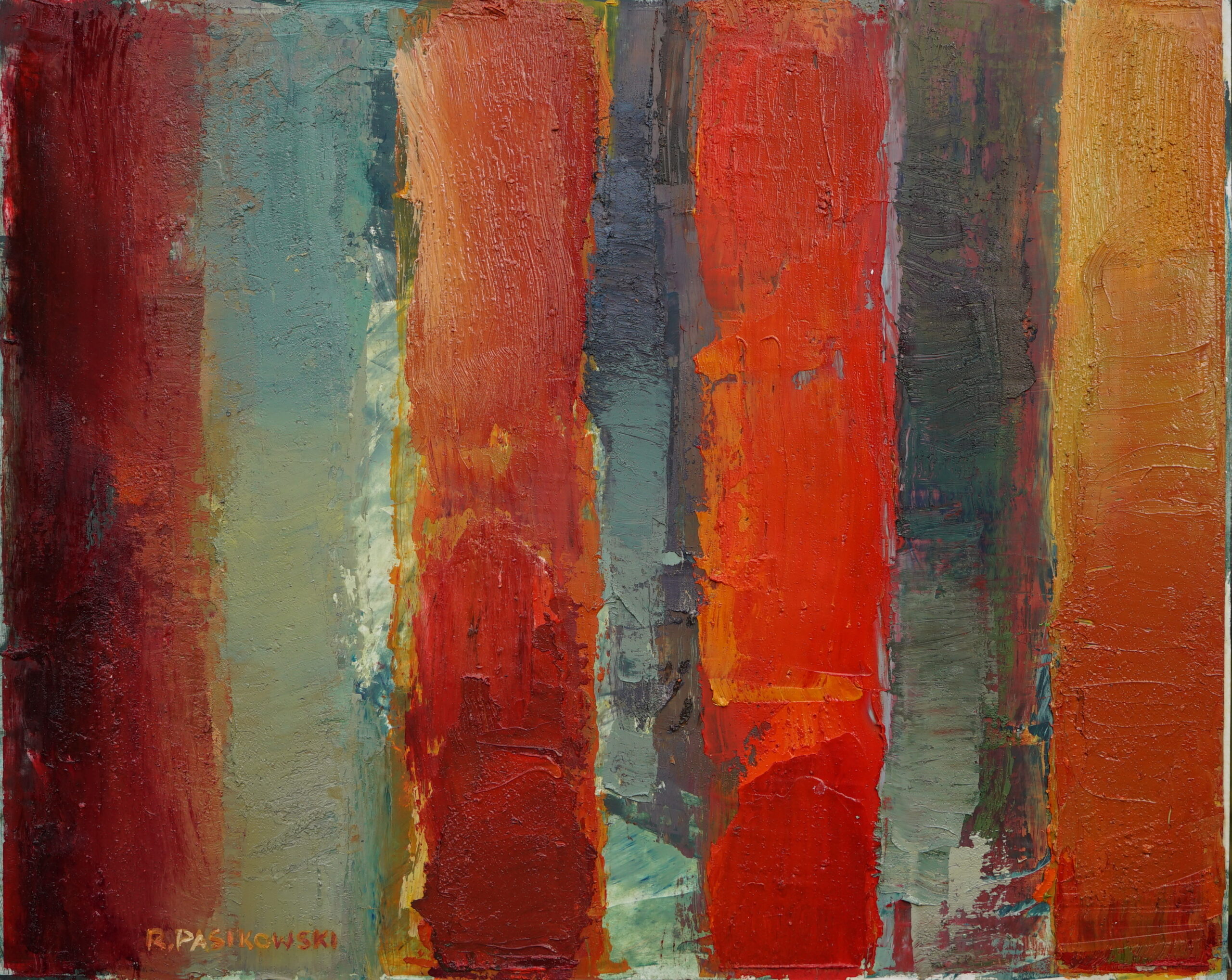 Obraz Olejny abstrakcyjny w kolorystyce czerwono-błękitnej. Na obrazie cztery pionowe czerwono żółte pasy na błękitnym tle.