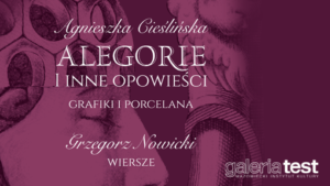 treść: Alegorie i inne opowieści Agnieszka Cieślińska-Kawecka – grafiki i porcelana / Grzegorz Nowicki – wiersze. Fioletowe tło na grafice autorki. - twarz postaci z zamkniętymi oczami