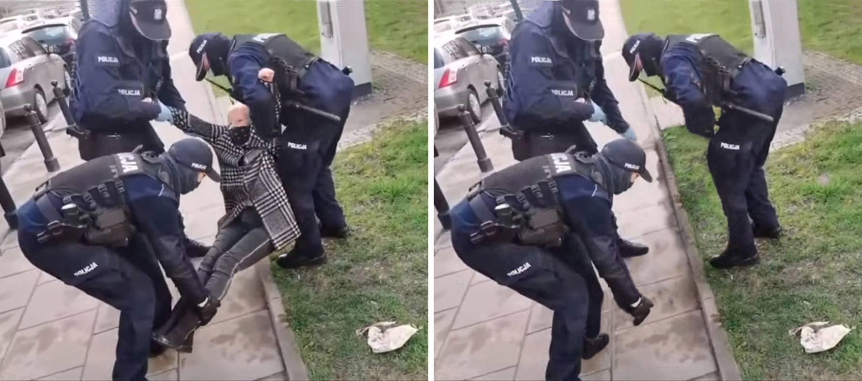 Dwa zdjęcia, na jednym są policjanci trzymający kobietę w masce na drugim ci sami w tej samej pozycji ale z wymazaną postacią kobiety.