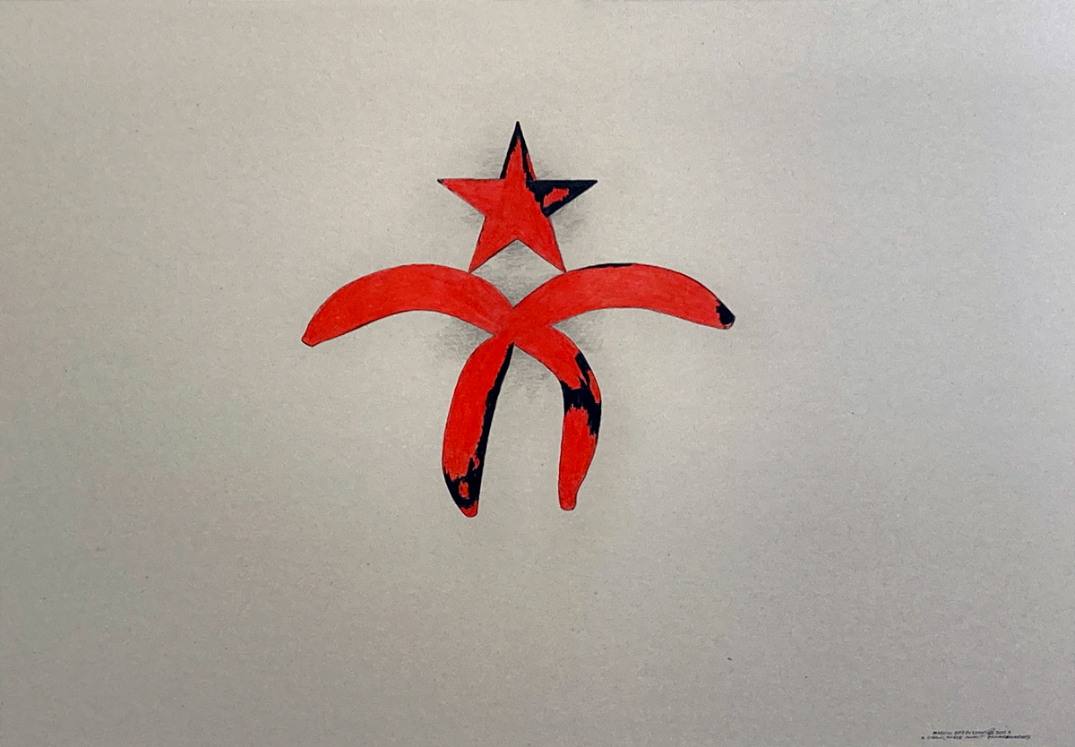 Rysunek w orientacji poziomej. Na rysunku w cetralnej czesci sylweta czerwonej gwiazdy i czerwonych bananów ułożonych  w krzyż