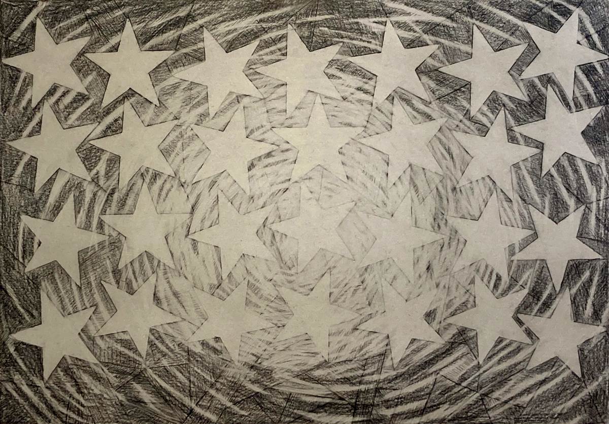 Rysunek w orientacji poziomej 100 x 70 cm. Na rysunku 28 białych gwiazd. Ze środka do krawędzi jest coraz ciemniejszy gradient jakby z a gwiazdami był strumień światła.