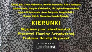 Grafika na której znajdują się nazwiska absolwentek:.Prof. Chang Bui Anna Hlebowicz Monika Janowska Anna Jędrzejec Joanna Kania Justyna Kisielewicz Urszula Łojko-Smogorzewska Agata di Masternak  Anna Sołtysiak Magdalena Szilke Dorota Wójcik Weronika Zasada-Stańska.na w tle zbliżenie tkaniny ażurowej za która prześwituje postać. Tytuł wystawy KIERUNKI – wystawa prac absolwentek Pracowni Tkaniny Artystycznej Profesor Doroty Grynczel, 20.04-25.05.2023, na dole logo Galerii Test.