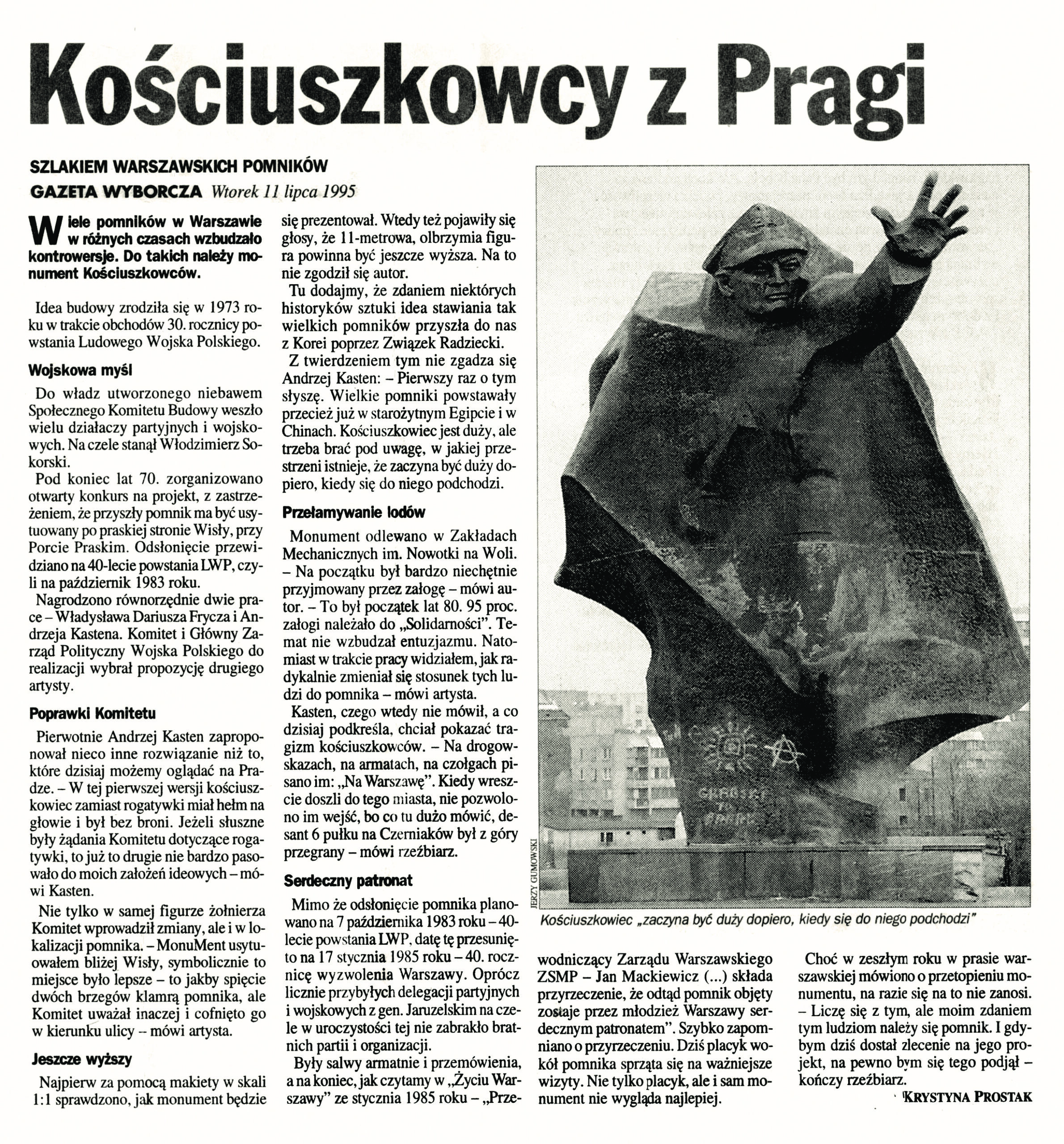Zdjęcie artykułu Kościuszkowcy z Pragi z gazety wyborczej z 11 lipca 1995 roku. Po prawej stronie artykułu reprodukcja Pomnika Kościuszkowców.