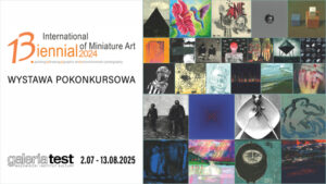 Plakat promujący wydarzeni, po prawej kwadrat z małymi kafelkami nadesłanych miniatur, po lewej napis:13. Międzynarodowe Biennale Miniatury – Częstochowa 2024 - wystawa zbiorowa Wernisaż: 2. lipca, godz. 19:00 Termin: 2.07–13.08.2025